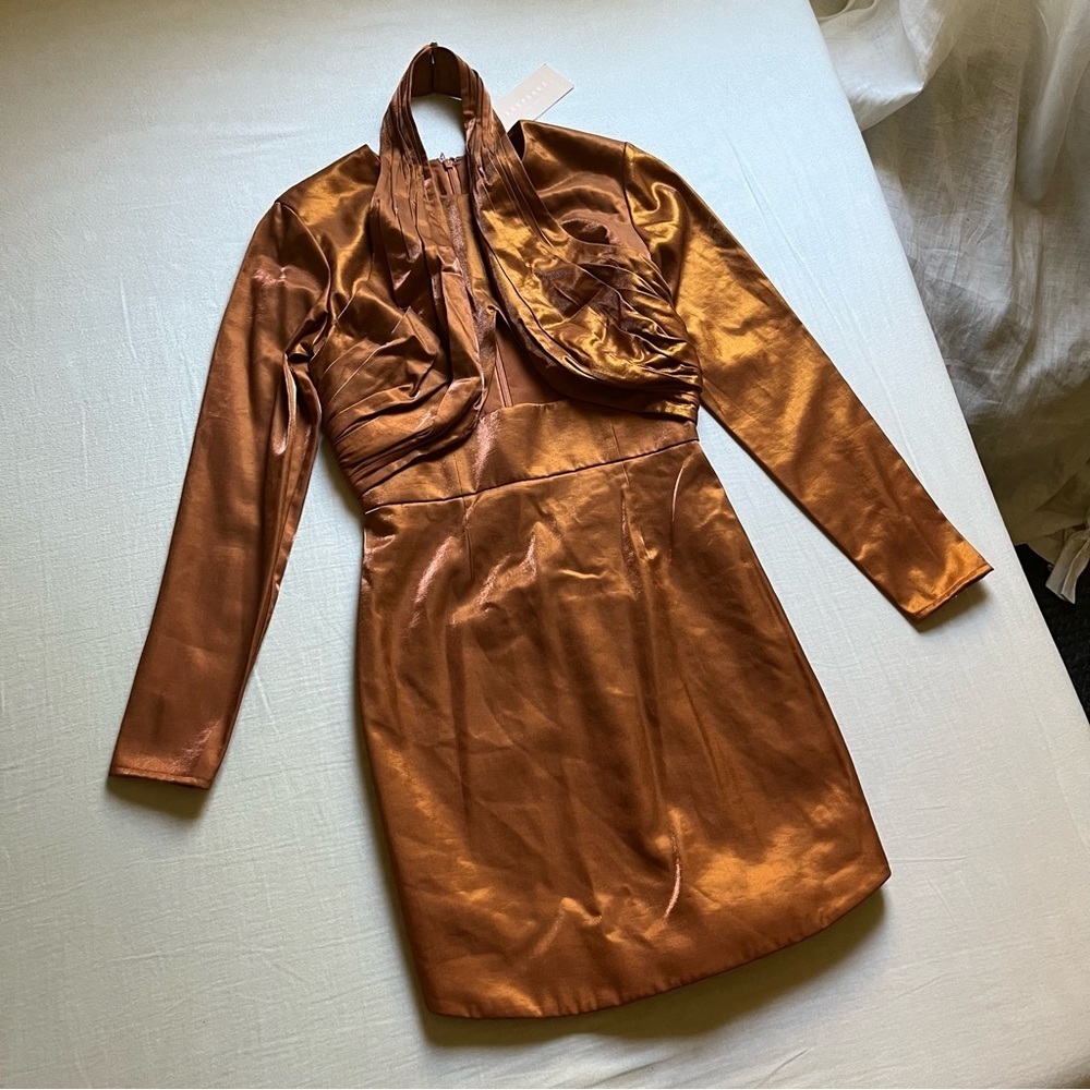 NWT KEEPSAKE Emilio rust orange metallic layered cutout long sleeve mini dress